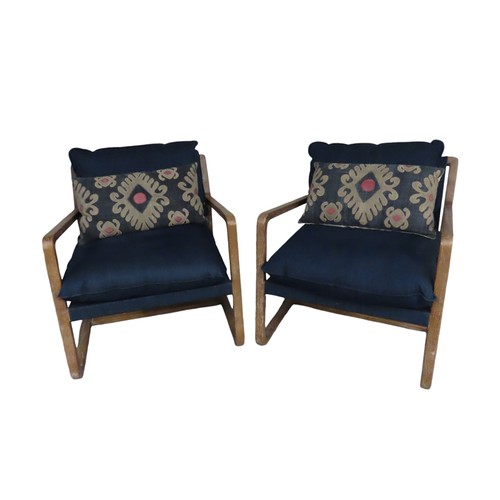 79 - PAIR OF CONTEMPORARY WOODEN ARMCHAIRS WITH BLUE SLING STYLE CANVAS SEAT Width 71cm x Height 75cm x D... 