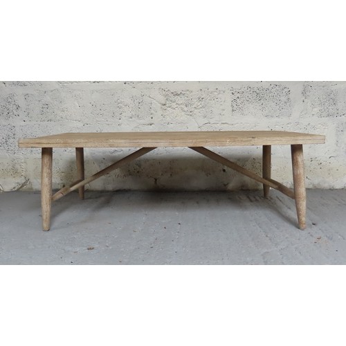 47 - CONTEMPORARY RECTANGULAR COFFEE TABLE on turned legs with stretcher bar, limewashed finish.Length 13... 