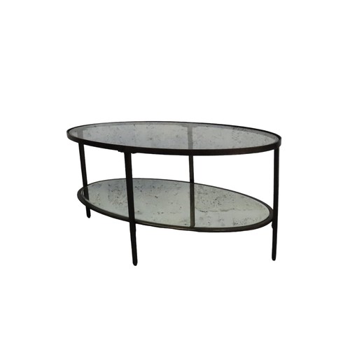 76 - OVAL TWO TIER COFFEE TABLE,metal framed with mirrored lower shelf.Width 90cm x Depth 49cm x Height 4... 