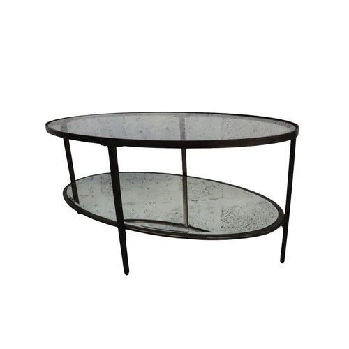 76 - OVAL TWO TIER COFFEE TABLE,metal framed with mirrored lower shelf.Width 90cm x Depth 49cm x Height 4... 