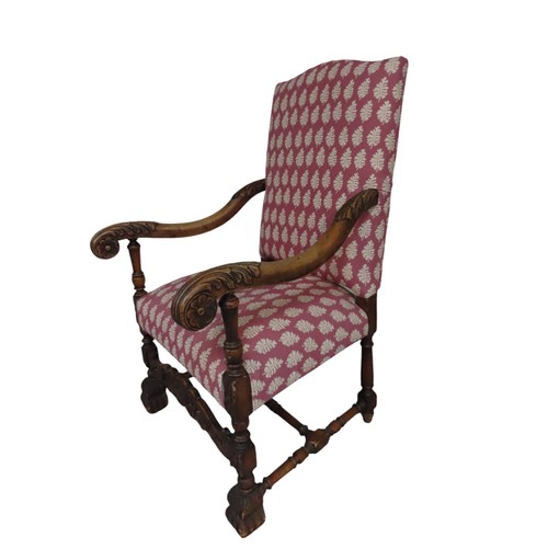 89 - A FRENCH UPHOLSTERED ELBOW CHAIR, with Acanthus carved down scrolling arms, the back and seat panels... 