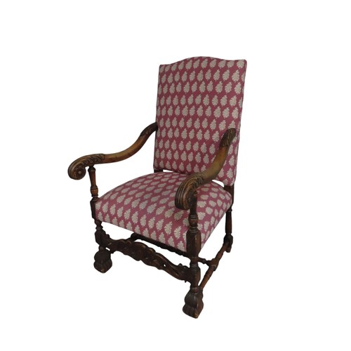 89 - A FRENCH UPHOLSTERED ELBOW CHAIR, with Acanthus carved down scrolling arms, the back and seat panels... 