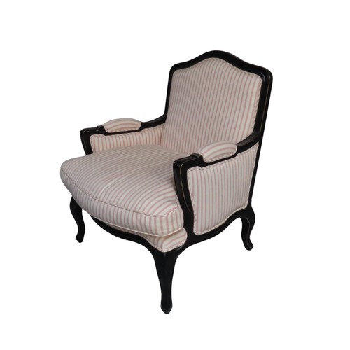 73 - CONTEMPORARY CONTINENTAL STYLE ARMCHAIR, with ebonised style frame and pale pink ticking stripe upho... 