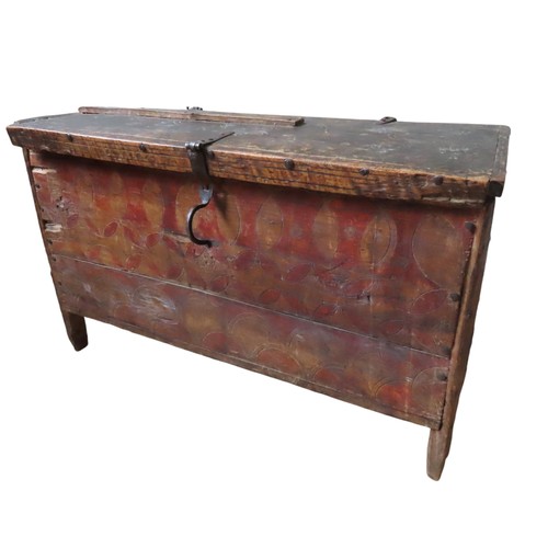 36 - EASTERN EUROPEAN PAINTED WOODEN CHEST with wrought iron fittingsHeight 54cm x  Length 87cm x Width 3... 