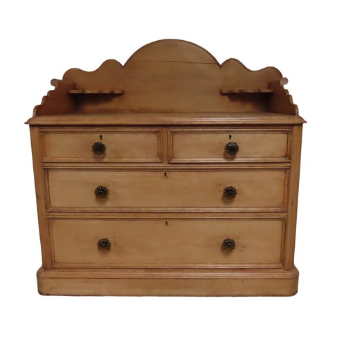 46 - A 19TH CENTURY PINE CHEST OF FOUR DRAWERS, with a scrolling three quarter galleried top over two sho... 