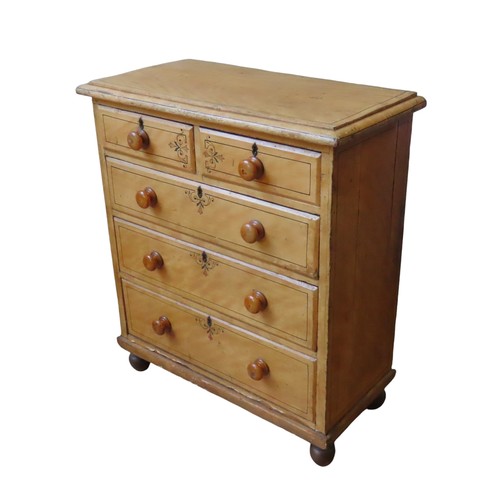 92 - A STENCILLED PINE CHEST OF FIVE DRAWERS, 19TH CENTURY, moulded edge rectangular top above two short ... 