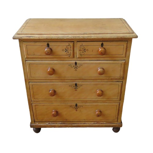 92 - A STENCILLED PINE CHEST OF FIVE DRAWERS, 19TH CENTURY, moulded edge rectangular top above two short ... 