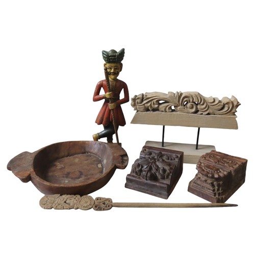 719 - A MIXED COLLECTION OF CARVED WOODEN SUNDRIES, the lot includes a polychrome painted Indian figure (6... 