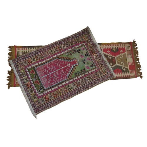 150 - TWO CONTEMPORARY RUGS consisting of a prayer rug in lime green and bergundy ground and a kelim runne... 