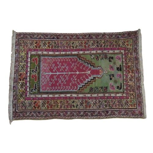 150 - TWO CONTEMPORARY RUGS consisting of a prayer rug in lime green and bergundy ground and a kelim runne... 