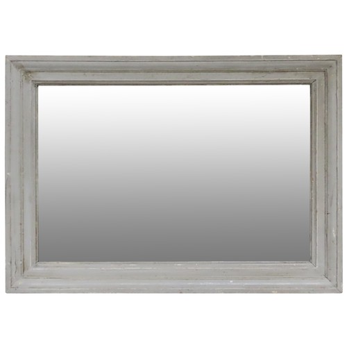 199 - A CONTEMPORARY RECTANGULAR WALL MIRROR, the plate mounted in a grey wash painted frameWidth 114cm x ... 