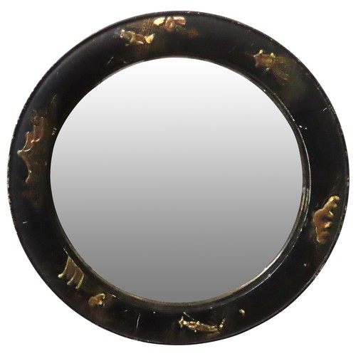 205 - SMALL ROUND CHINOISERIE MIRROR with black japanned frame and details of figures and templesdiameter ... 