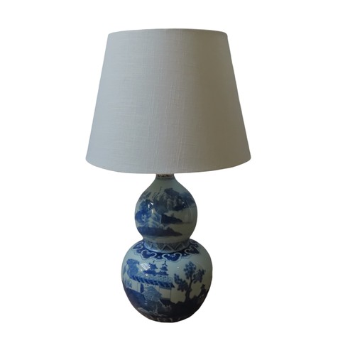 313 - A CHINESE-STYLE BLUE AND WHITE DOUBLE GOURD TABLE LAMP decorated with a palace and rural landscape s... 