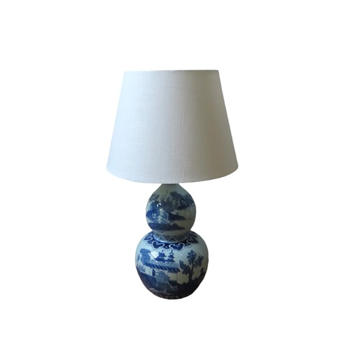 313 - A CHINESE-STYLE BLUE AND WHITE DOUBLE GOURD TABLE LAMP decorated with a palace and rural landscape s... 