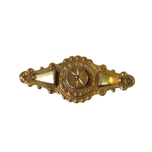 608 - A VICTORIAN GOLD MOURNING BROOCH, Etruscan revival style, marked 9ct, with glazed panel verso5.5 cm ... 