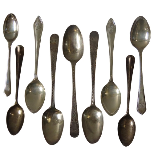 632 - THREE BRIGHT CUT GEORGIAN SILVER TEASPOONS AND SIX LATER TEASPOONS, various dates and marks12 cm lon... 