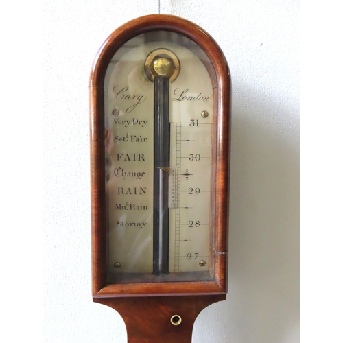 250 - AN EARLY 19TH CENTURY MAHOGANY STICK BAROMETER BY WILLIAM CARY, arch top case over a silvered dial w... 