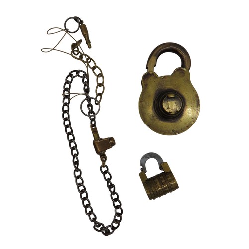 574 - A GROUP OF SIX VINTAGE BRASS LOCKS, the lot includes an unusual 19th Century letter combination lock... 