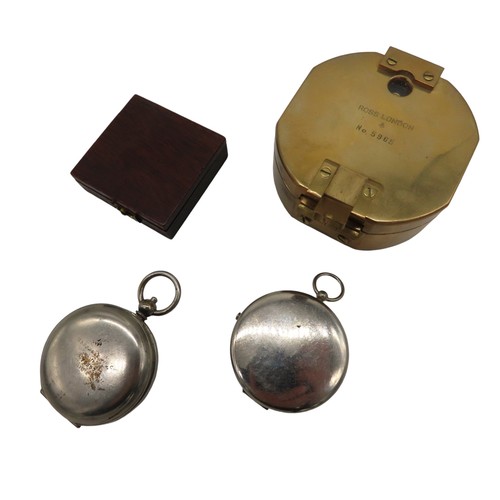 252 - A NATURAL SINE BRASS NAUTICAL COMPASS AND THREE POCKET COMPASSES, the brass compass inscribed Ross, ... 