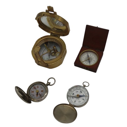 252 - A NATURAL SINE BRASS NAUTICAL COMPASS AND THREE POCKET COMPASSES, the brass compass inscribed Ross, ... 