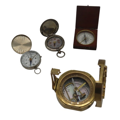 252 - A NATURAL SINE BRASS NAUTICAL COMPASS AND THREE POCKET COMPASSES, the brass compass inscribed Ross, ... 