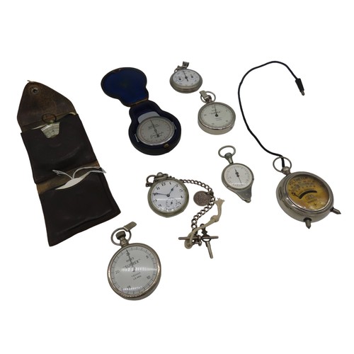 253 - A NICKEL PLATED POCKET WATCH AND OTHER POCKET INSTRUMENTS, including two 'Suprex' pedometers, a map ... 