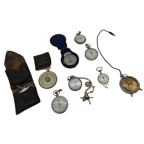 253 - A NICKEL PLATED POCKET WATCH AND OTHER POCKET INSTRUMENTS, including two 'Suprex' pedometers, a map ... 