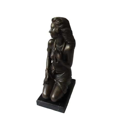 590 - A BRONZE FIGURINE OF SEMI NUDE FEMALE, 20TH CENTURY, naturalistically modelled in a kneeling pose, b... 