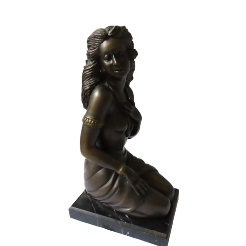 590 - A BRONZE FIGURINE OF SEMI NUDE FEMALE, 20TH CENTURY, naturalistically modelled in a kneeling pose, b... 