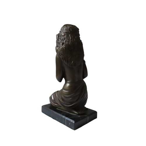 590 - A BRONZE FIGURINE OF SEMI NUDE FEMALE, 20TH CENTURY, naturalistically modelled in a kneeling pose, b... 