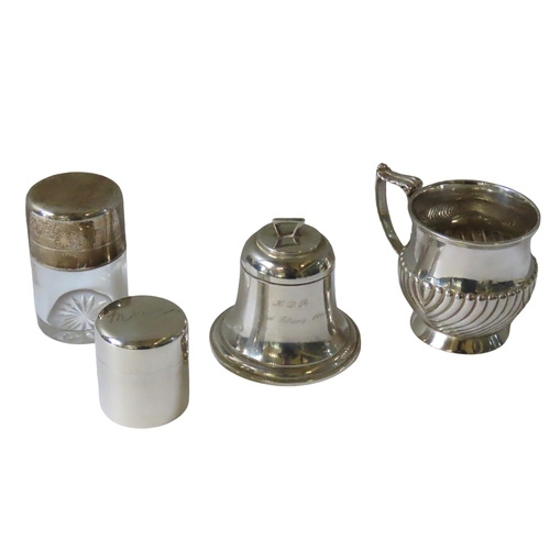 649 - A GADROONED SILVER MUG AND AN INKWELL IN THE FORM OF A BELL, together with a travelling inkwell and ... 