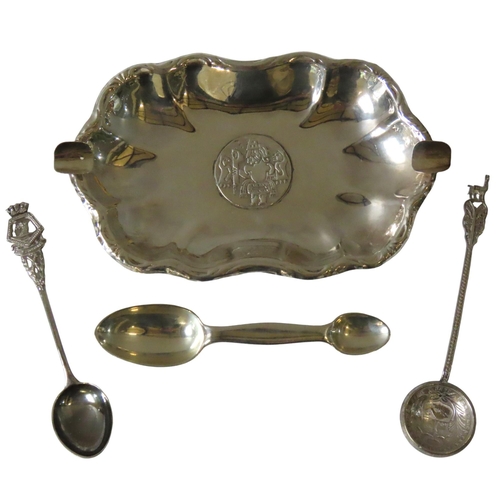 650 - A MEXICAN SILVER TRAY, PERUVIAN SPOON AND TWO OTHER SILVER SPOONS, the cartouche form Mexican tray s... 