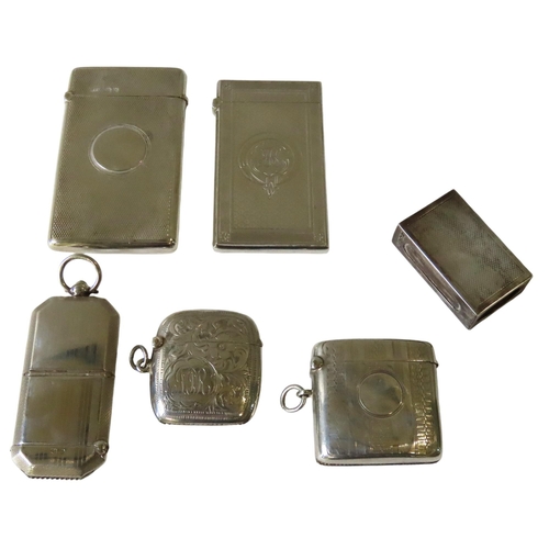 651 - A MIXED GROUP OF FOUR SILVER VESTA CASES & TWO CARD CASES, including four with engine turned dec... 