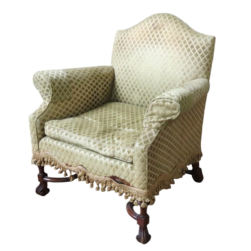 26 - A WILLIAM & MARY STYLE MAHOGANY FRAMED ARMCHAIR, 19TH CENTURY, camel form back over a squab cush... 