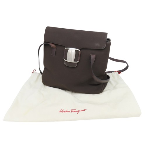 279 - SALVATORE FERRAGAMO SHOULDER BAGDark brown canvas outer, with white metal buckle latch, thin brown l... 