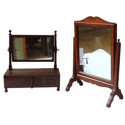 200 - A 19TH CENTURY MAHOGANY TOILET MIRROR AND A LATER SWING MIRROR, the toilet mirror with line inlay an... 