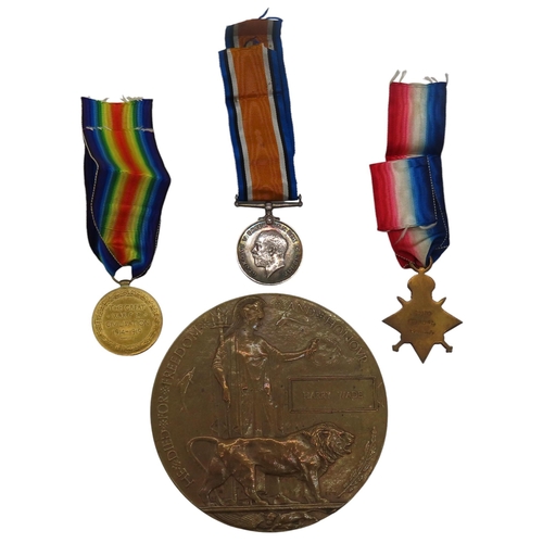 439 - A GROUP OF THREE FIRST WORLD WAR MEDALS AND COMMEMORATIVE PLAQUE, relating to 2846 Pte. H Wade, Y.L.... 