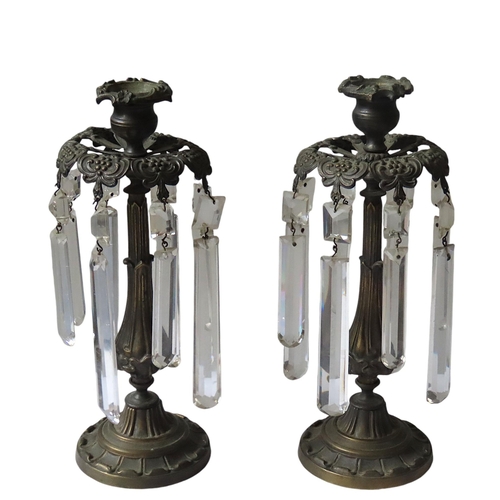 197 - A PAIR OF VINTAGE FRENCH LUSTRE CANDLESTICKS, in the Art Nouveau taste, the scroll edge sconces rais... 