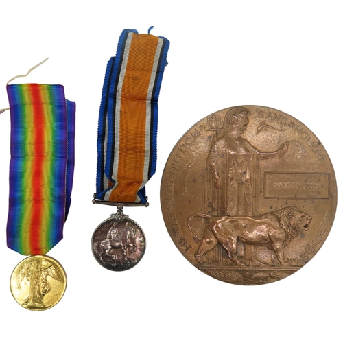 715 - A FIRST WORLD WAR MEDAL PAIR AND MEMORIAL PLAQUE, relating to 25258 Pte.S Ellis Yorks L.I