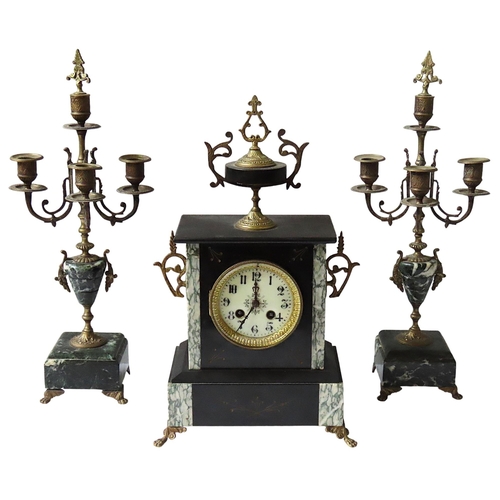 183 - AN ASSEMBLED FRENCH 19TH CENTURY CLOCK GARNITURE, the slate cased rectangular clock with a 85mm enam... 