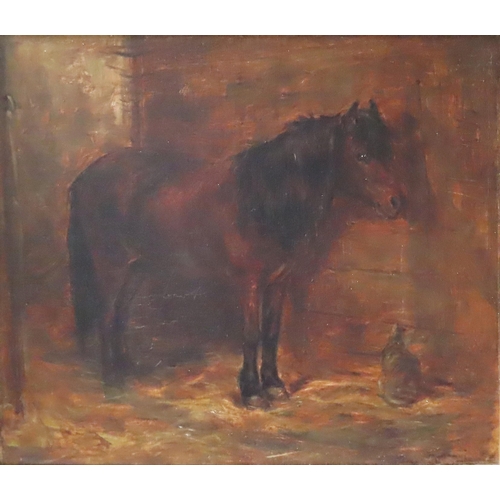 508 - IN THE MANNER OF EDWIN HENRY LANDSEER, AN OIL PAINTING ON CANVAS OF CHESTNUT PONY, stood in a stable... 