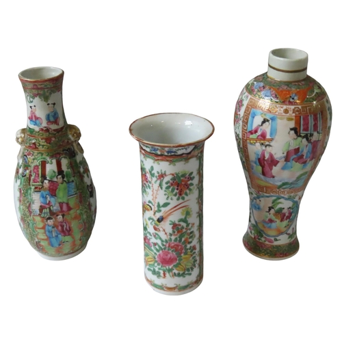 344 - THREE CHINESE FAMILLE ROSE VASES, LATE QING DYNASTY, 19TH CENTURY, the lot comprised of a baluster v... 