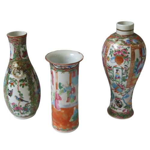 344 - THREE CHINESE FAMILLE ROSE VASES, LATE QING DYNASTY, 19TH CENTURY, the lot comprised of a baluster v... 