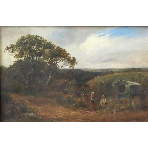 551 - EDWARD DAVIES (1841-1920) OIL PAINTING ON CANVAS OF TRAVELLERS RESTING BEDSIDE A COUNTRY TRACK, with... 