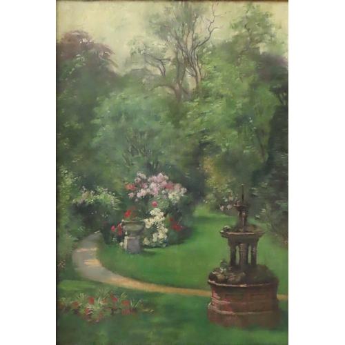 555 - THOMAS EDWIN MOSTYN R.O.I (1864-1930) GARDEN SCENE OIL PAINTING ON CANVAS, depicting a fountain, gar... 