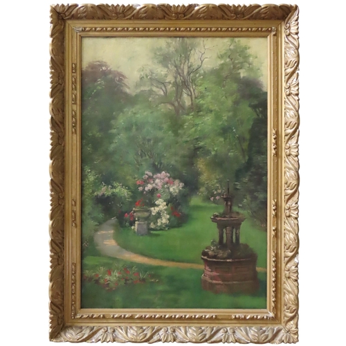 555 - THOMAS EDWIN MOSTYN R.O.I (1864-1930) GARDEN SCENE OIL PAINTING ON CANVAS, depicting a fountain, gar... 