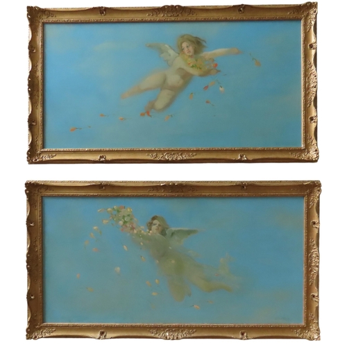 497 - A PAIR OF MID 20TH CENTURY OIL PAINTINGS DEPICTING WINGED PUTTI, throwing roses into the wind, again... 