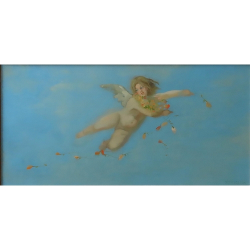 497 - A PAIR OF MID 20TH CENTURY OIL PAINTINGS DEPICTING WINGED PUTTI, throwing roses into the wind, again... 