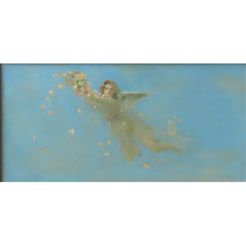 497 - A PAIR OF MID 20TH CENTURY OIL PAINTINGS DEPICTING WINGED PUTTI, throwing roses into the wind, again... 