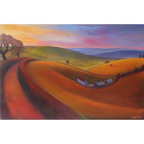 517 - ANGIE ROOKE (XX-XXI) 'WINTER HEDGES HUG THE HILLS' ACRYLIC/CANVAS, signed in lower right corner, lab... 